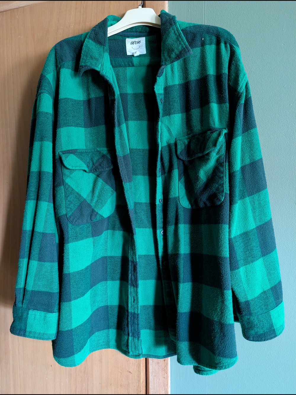 aerie Green and Black Buffalo Plaid Button-Down Shirt